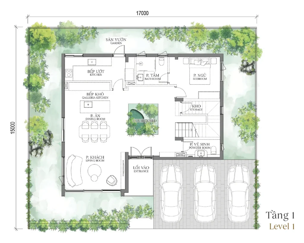 Mặt bằng tầng 1 mẫu DV1 Courtyard Villa (Biệt thự Đơn lập) – Regal West – The Fullton Regal