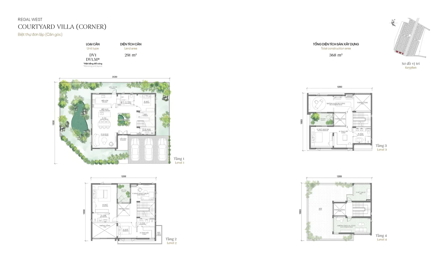 Mặt bằng các tầng mẫu DV1 (căn góc) Courtyard Villa (Biệt thự Đơn lập) – Regal West – The Fullton Regal, đất 291 m², sàn 368 m²