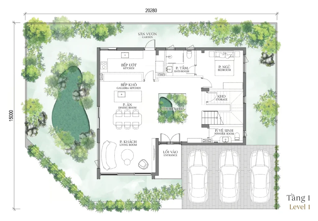 Mặt bằng tầng 1 mẫu DV1 (căn góc) Courtyard Villa (Biệt thự Đơn lập) – Regal West – The Fullton Regal