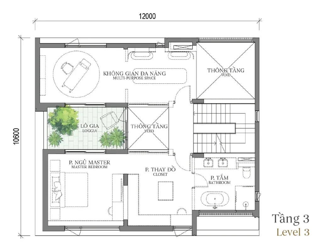 Mặt bằng tầng 3 mẫu DV1 (căn góc) Courtyard Villa (Biệt thự Đơn lập) – Regal West – The Fullton Regal