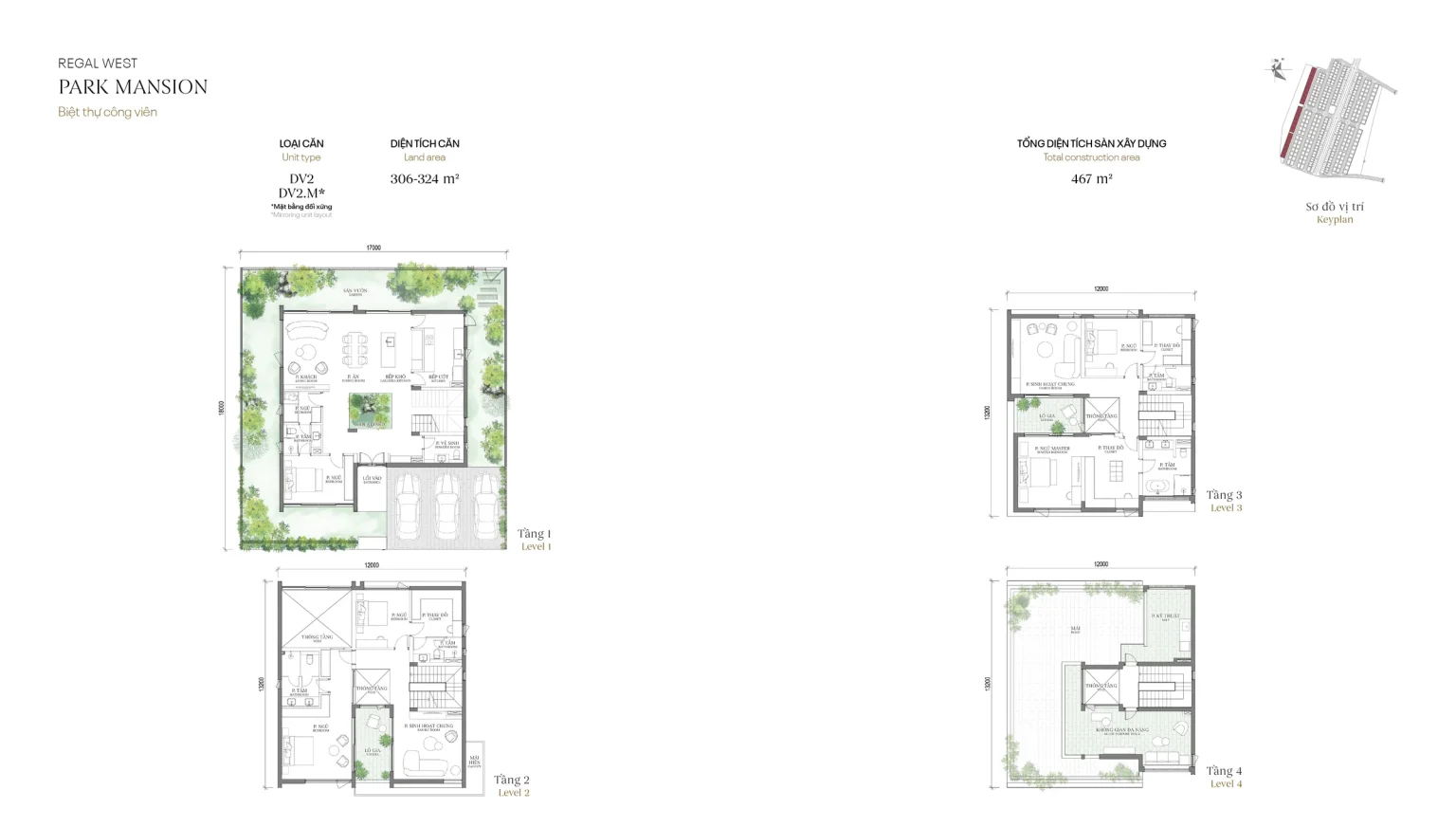 Mặt bằng các tầng mẫu DV2 Park Mansion (Biệt thự Công viên) – Regal West – The Fullton Regal, đất 306 – 324 m², sàn 467 m²