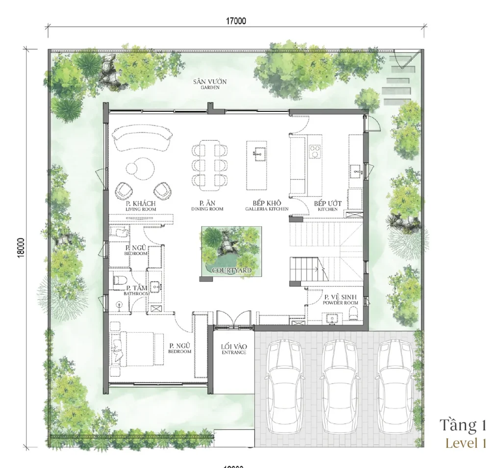 Mặt bằng tầng 1 mẫu DV2 Park Mansion (Biệt thự Công viên) – Regal West – The Fullton Regal