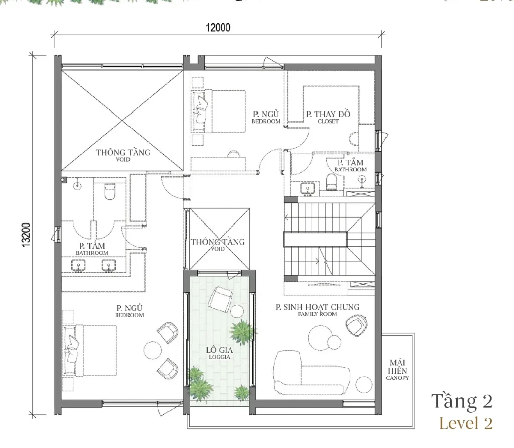 Mặt bằng tầng 2 mẫu DV2 Park Mansion (Biệt thự Công viên) – Regal West – The Fullton Regal
