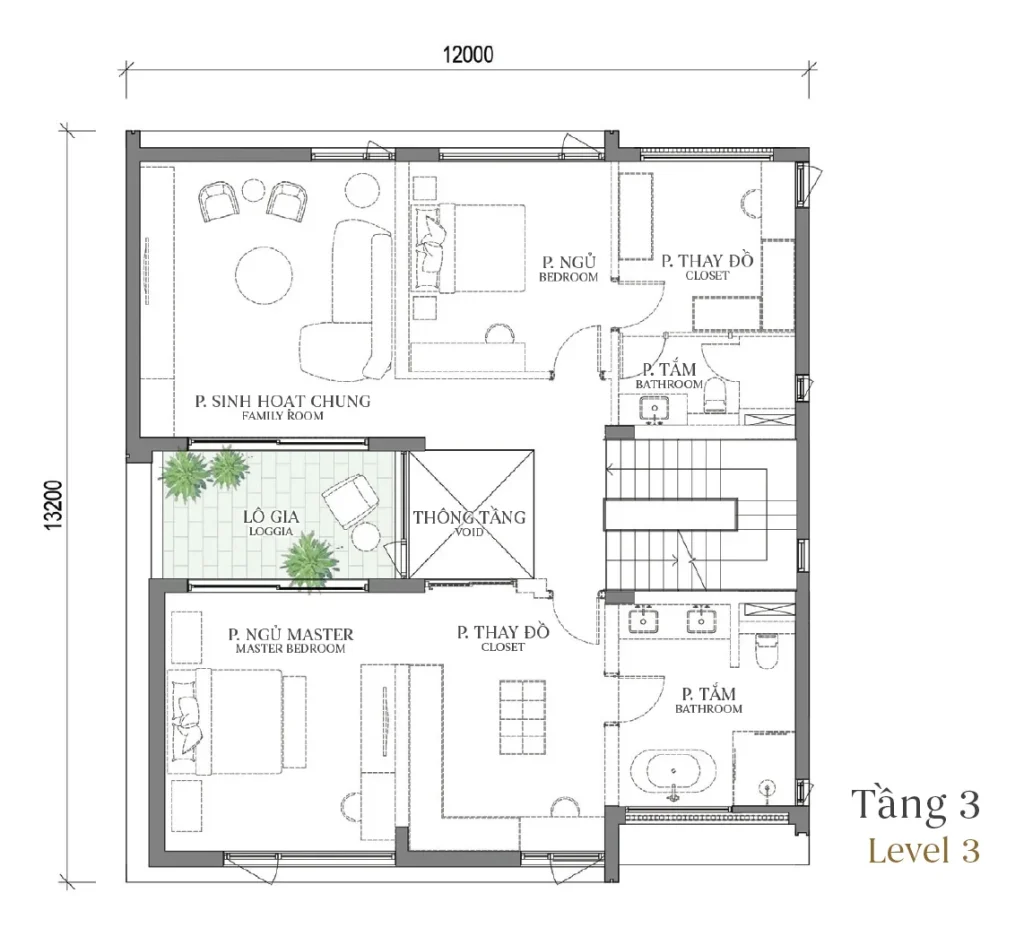 Mặt bằng tầng 3 mẫu DV2 Park Mansion (Biệt thự Công viên) – Regal West – The Fullton Regal