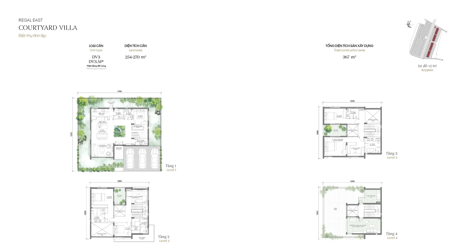 Mặt bằng các tầng mẫu DV3 Courtyard Villa (Biệt thự Đơn lập) – Regal East – The Fullton Regal, đất 254 – 270 m², sàn 367 m²