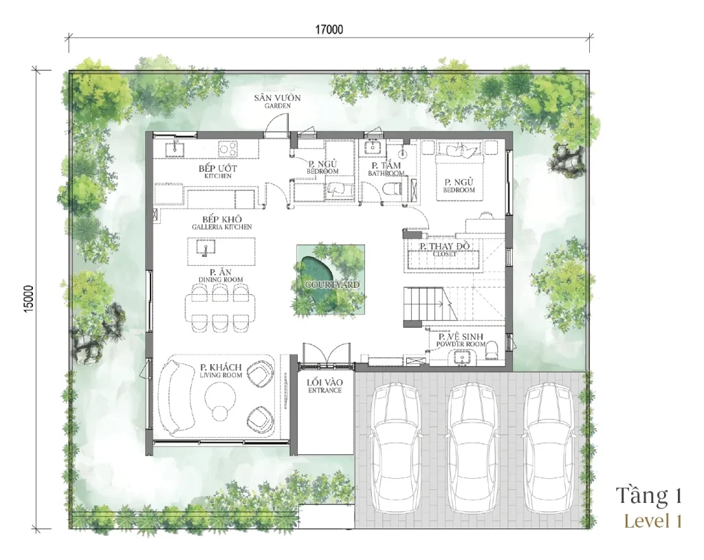 Mặt bằng tầng 1 mẫu DV3 Courtyard Villa (Biệt thự Đơn lập) – Regal East – The Fullton Regal