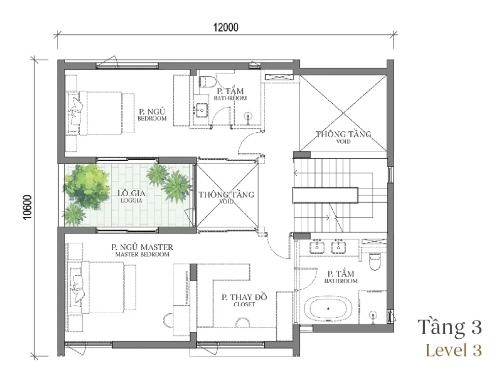 Mặt bằng tầng 3 mẫu DV3 Courtyard Villa (Biệt thự Đơn lập) – Regal East – The Fullton Regal