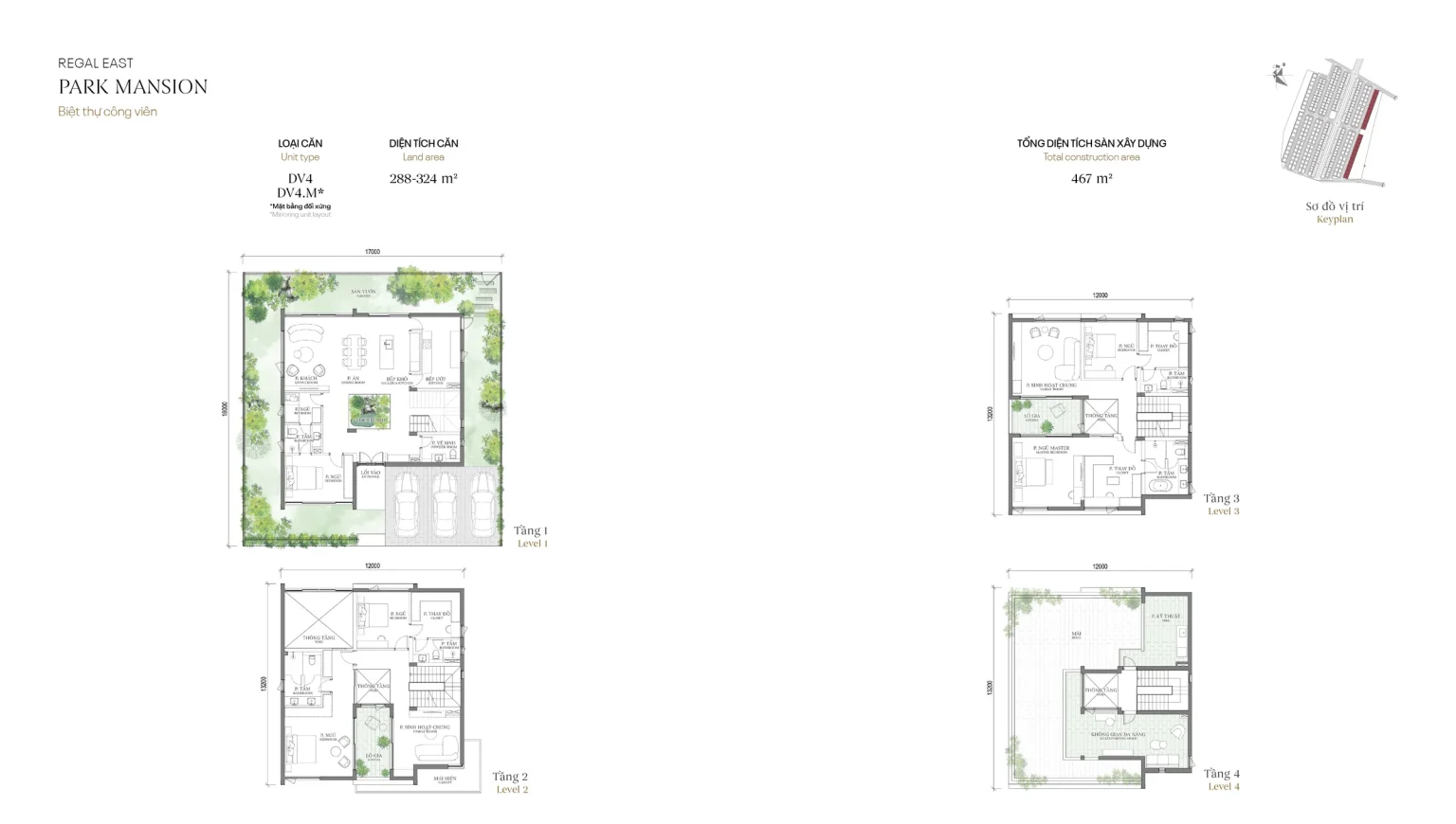 Mặt bằng các tầng mẫu DV4 Park Mansion (Biệt thự Công viên) – Regal East – The Fullton Regal, đất 288 – 324 m², sàn 467 m²