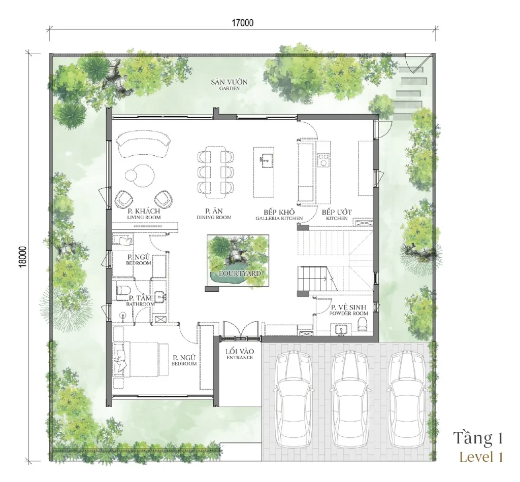 Mặt bằng tầng 1 mẫu DV4 Park Mansion (Biệt thự Công viên) – Regal East – The Fullton Regal