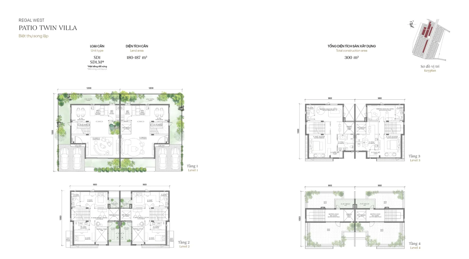 Mặt bằng các tầng mẫu SD1 Patio Twin Villa (Biệt thự Song lập) – Regal West – The Fullton Regal, đất 180 – 187 m², sàn 300 m²