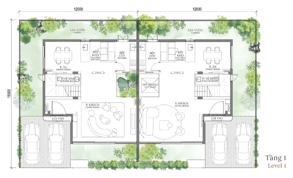Mặt bằng tầng 1 mẫu SD1 Patio Twin Villa (Biệt thự Song lập) – Regal West – The Fullton Regal
