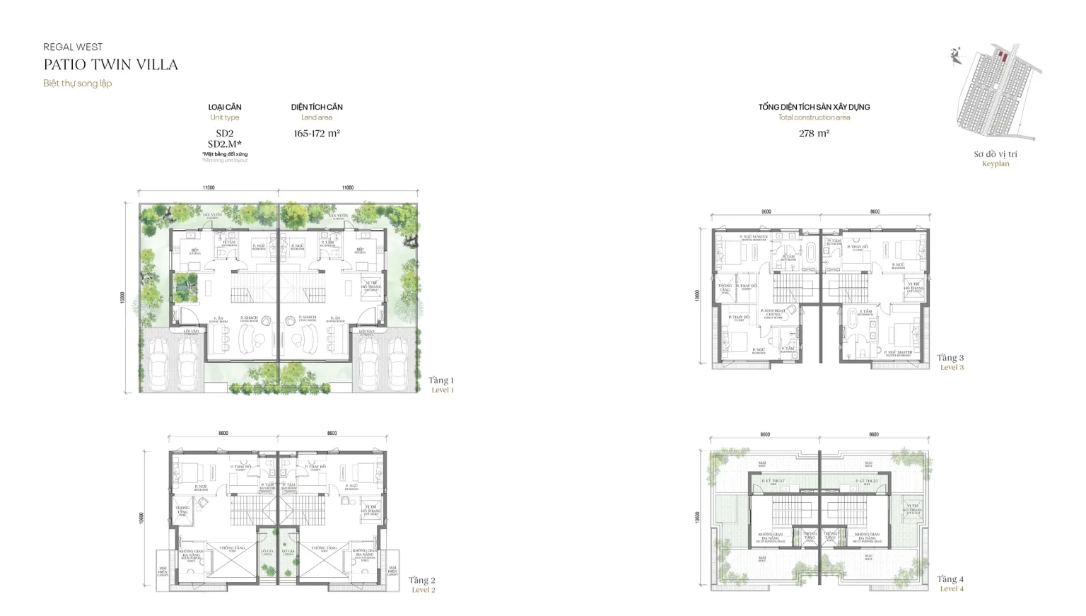 Mặt bằng các tầng mẫu SD2 Patio Twin Villa (Biệt thự Song lập) – Regal West – The Fullton Regal, đất 165 – 172 m², sàn 278 m²