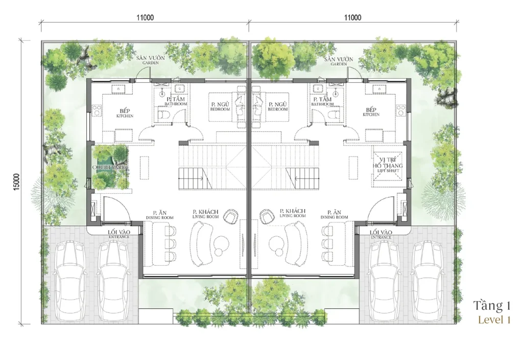 Mặt bằng tầng 1 mẫu SD2 Patio Twin Villa (Biệt thự Song lập) – Regal West – The Fullton Regal