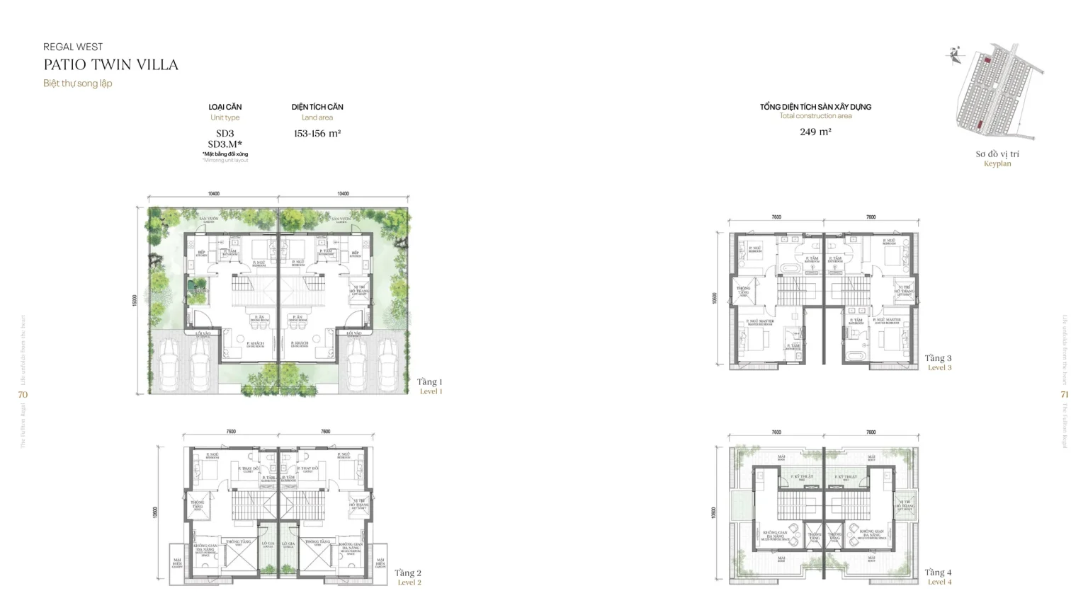 Mặt bằng các tầng mẫu SD3 Patio Twin Villa (Biệt thự Song lập) – Regal West – The Fullton Regal, đất 153 – 156 m², sàn 249 m²