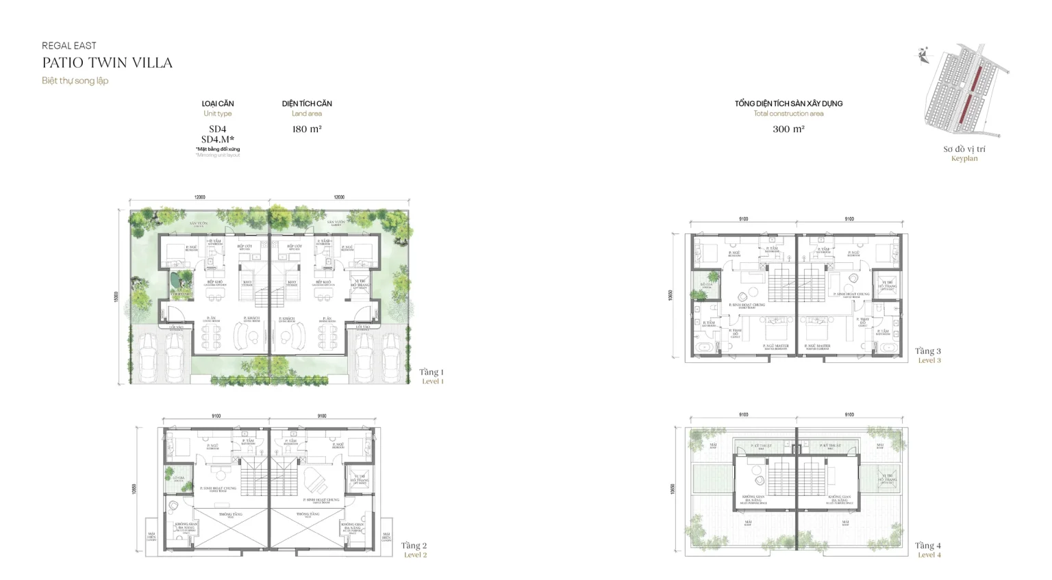 Mặt bằng các tầng mẫu SD4 Patio Twin Villa (Biệt thự Song lập) – Regal East – The Fullton Regal, đất 180 m², sàn 300 m²