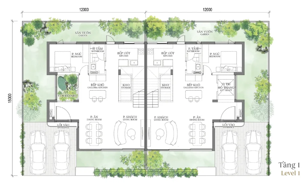 Mặt bằng tầng 1 mẫu SD4 Patio Twin Villa (Biệt thự Song lập) – Regal East – The Fullton Regal