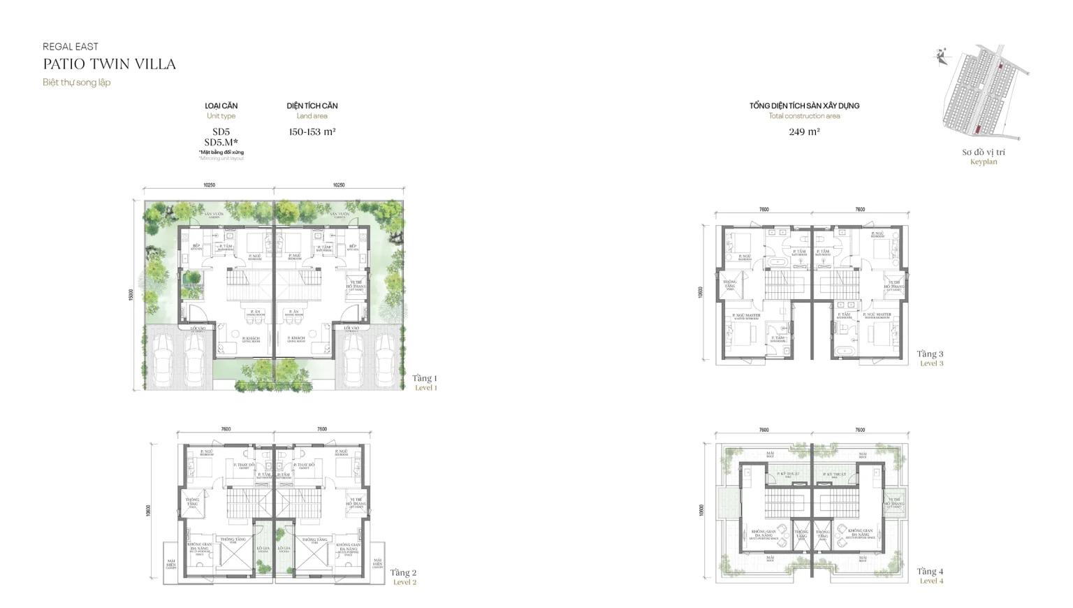 Mặt bằng các tầng mẫu SD5 Patio Twin Villa (Biệt thự Song lập) – Regal East – The Fullton Regal, đất 150 – 153 m², sàn 249 m²