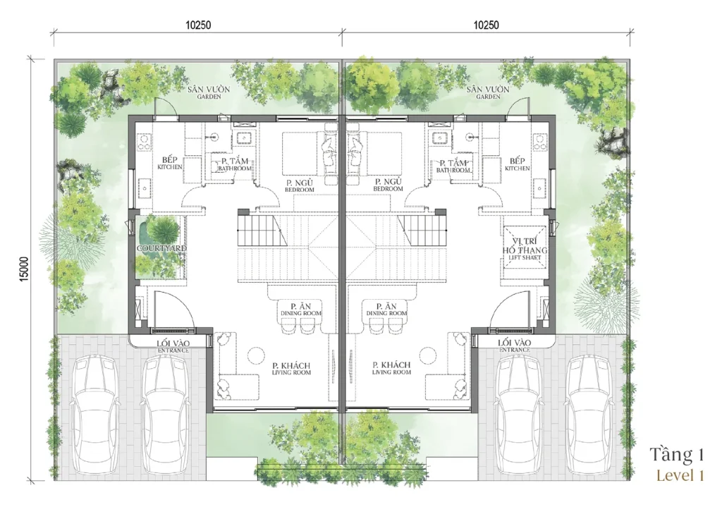 Mặt bằng tầng 1 mẫu SD5 Patio Twin Villa (Biệt thự Song lập) – Regal East – The Fullton Regal