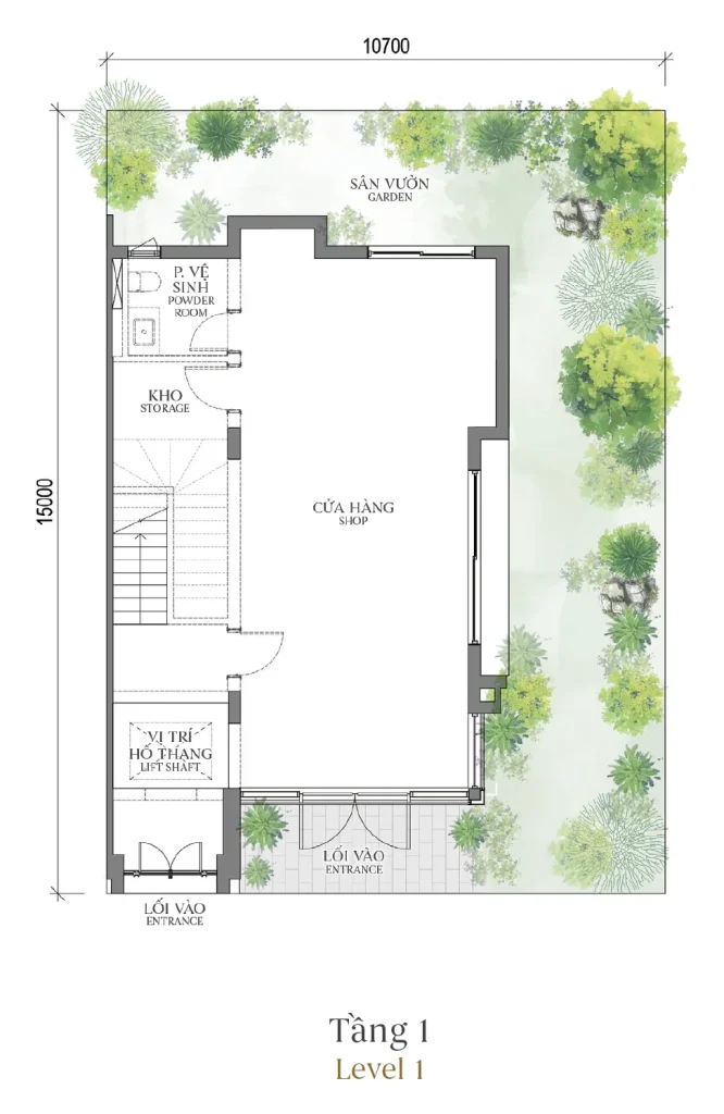 Mặt bằng tầng 1 mẫu SH2 Terrace Townhouse (Nhà phố) – The Fullton Regal