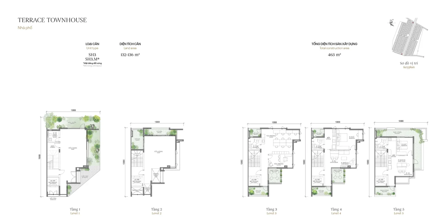 Mặt bằng các tầng mẫu SH3 Terrace Townhouse (Nhà phố) – The Fullton Regal, đất 132 – 136 m², sàn 463 m²