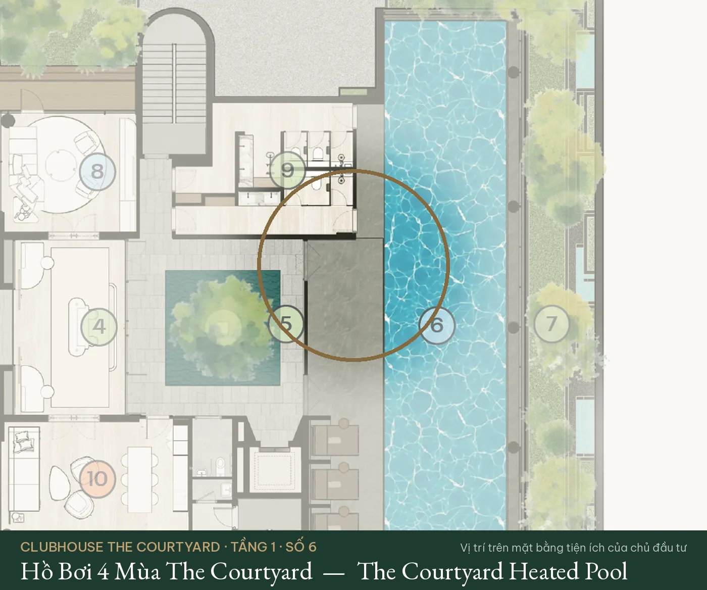 Vị trí số 6 – Hồ Bơi 4 Mùa The Courtyard (The Courtyard Heated Pool) trên mặt bằng tiện ích Clubhouse The Courtyard – The Fullton Regal
