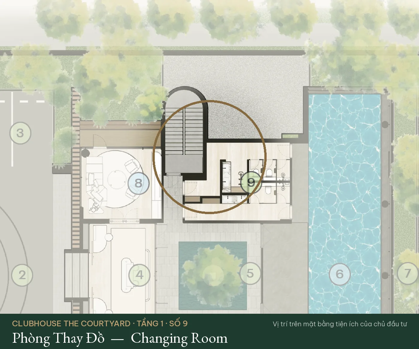 Vị trí số 9 – Phòng Thay Đồ (Changing Room) trên mặt bằng tiện ích Clubhouse The Courtyard – The Fullton Regal
