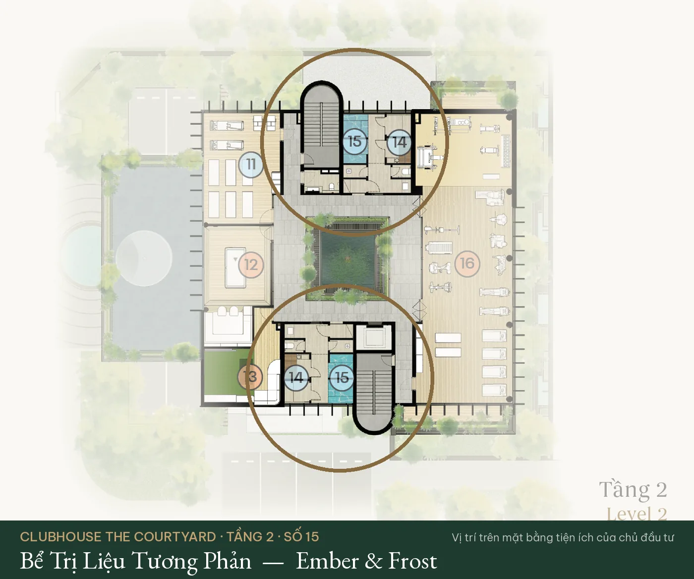 Vị trí số 15 – Bể Trị Liệu Tương Phản (Ember & Frost) trên mặt bằng tiện ích Clubhouse The Courtyard – The Fullton Regal