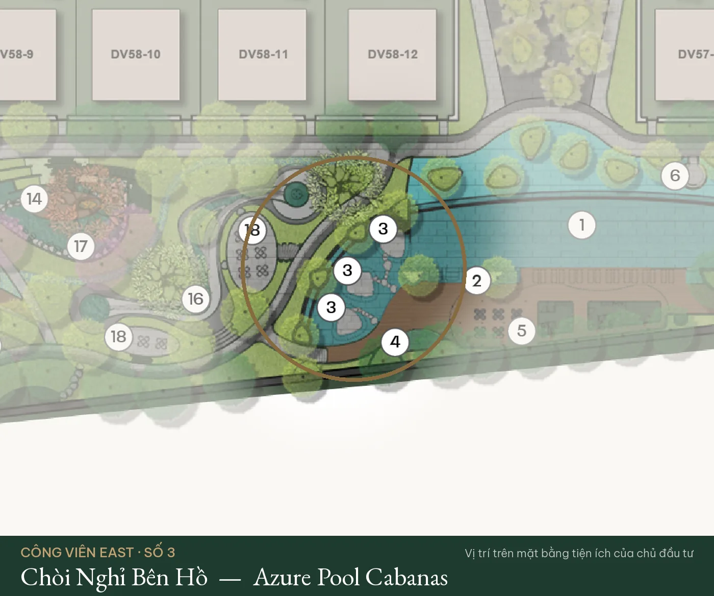 Vị trí số 3 – Chòi Nghỉ Bên Hồ (Azure Pool Cabanas) trên mặt bằng tiện ích Công Viên East – The Fullton Regal