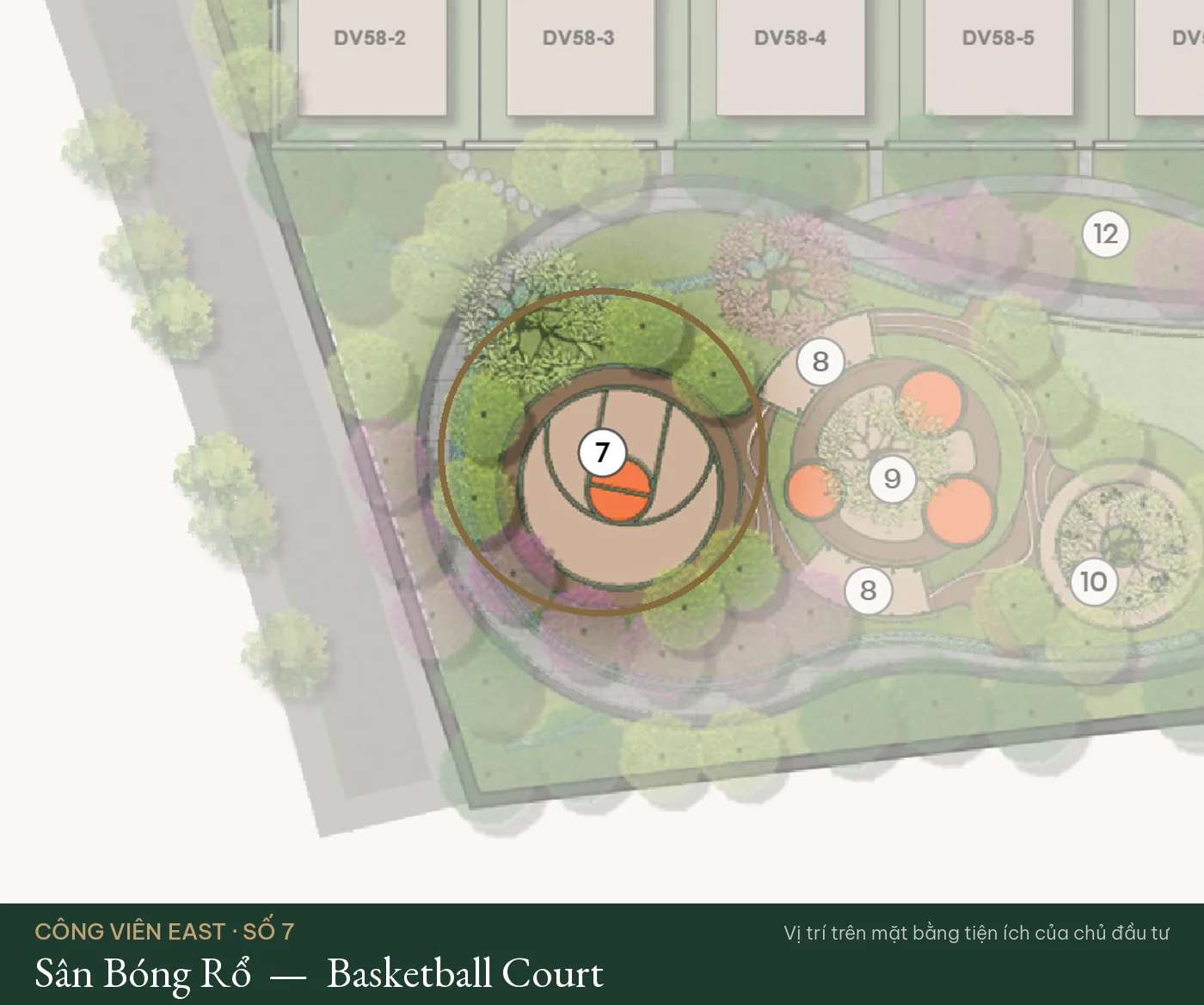 Vị trí số 7 – Sân Bóng Rổ (Basketball Court) trên mặt bằng tiện ích Công Viên East – The Fullton Regal