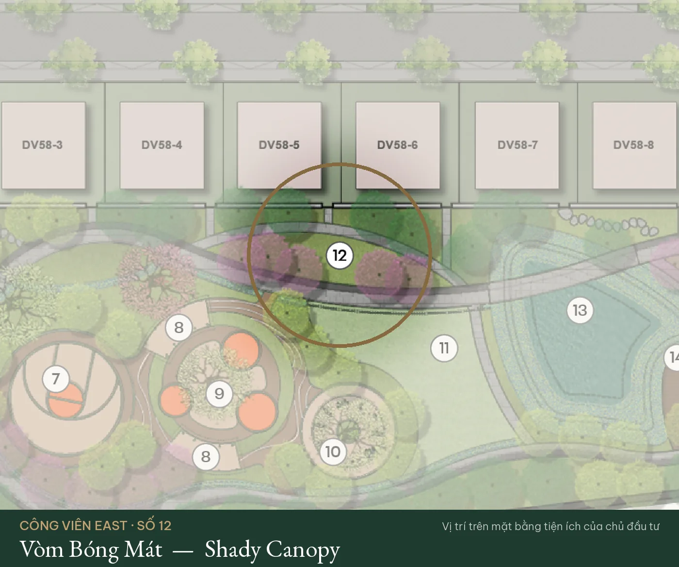Vị trí số 12 – Vòm Bóng Mát (Shady Canopy) trên mặt bằng tiện ích Công Viên East – The Fullton Regal