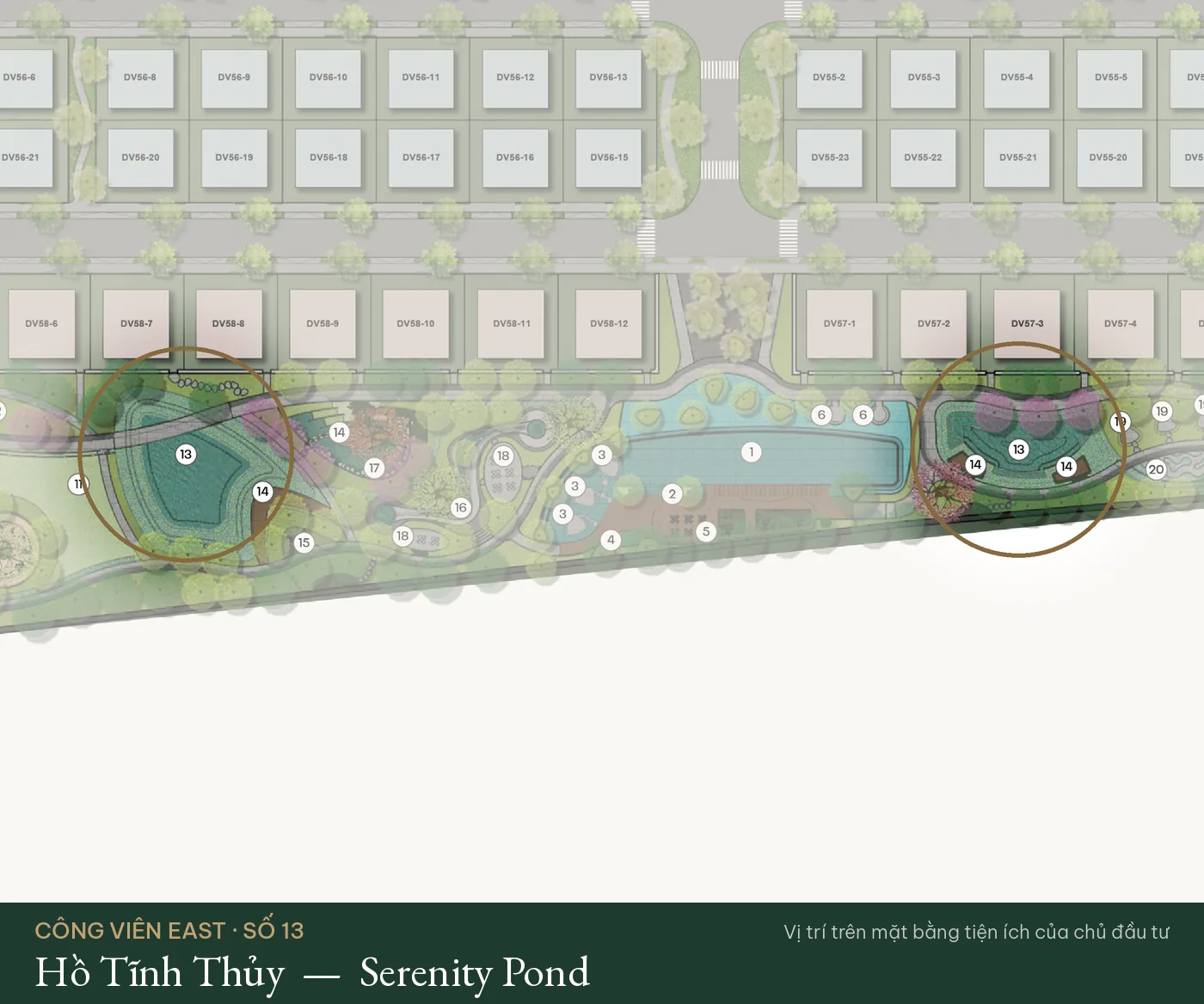 Vị trí số 13 – Hồ Tĩnh Thủy (Serenity Pond) trên mặt bằng tiện ích Công Viên East – The Fullton Regal