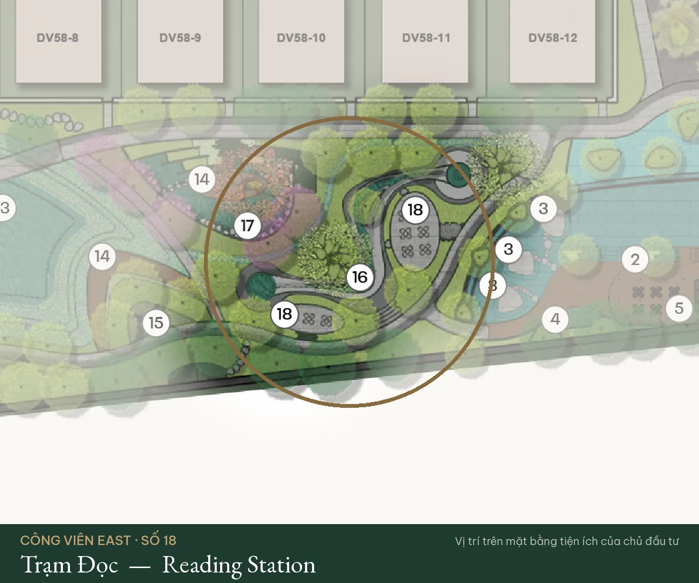 Vị trí số 18 – Trạm Đọc (Reading Station) trên mặt bằng tiện ích Công Viên East – The Fullton Regal