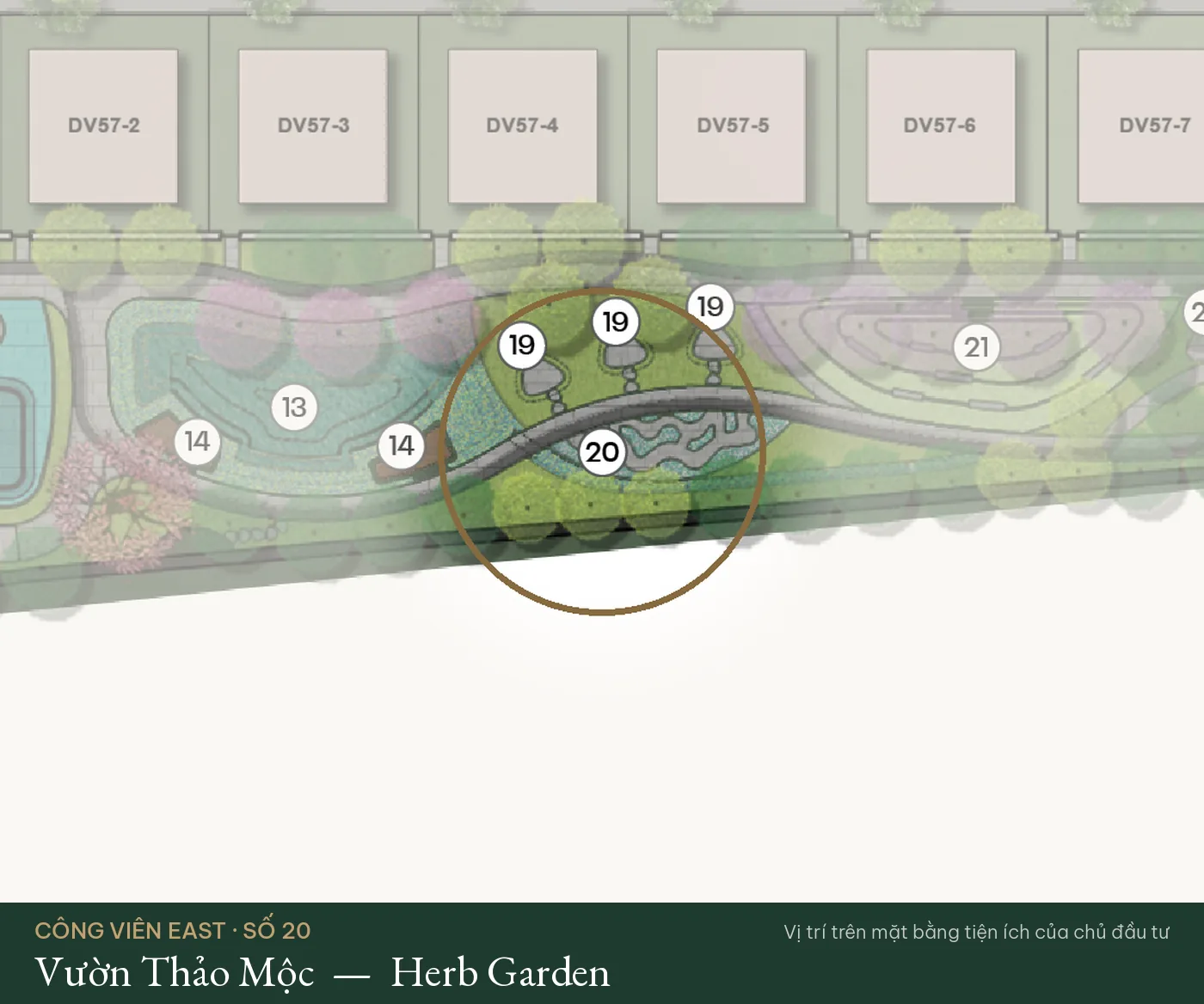 Vị trí số 20 – Vườn Thảo Mộc (Herb Garden) trên mặt bằng tiện ích Công Viên East – The Fullton Regal