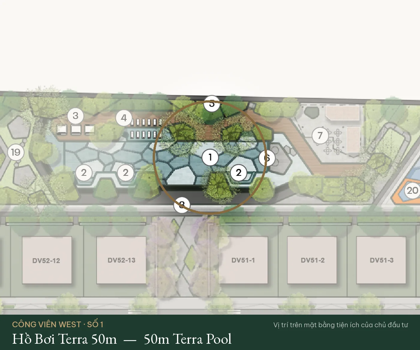 Vị trí số 1 – Hồ Bơi Terra 50m (50m Terra Pool) trên mặt bằng tiện ích Công Viên West – The Fullton Regal