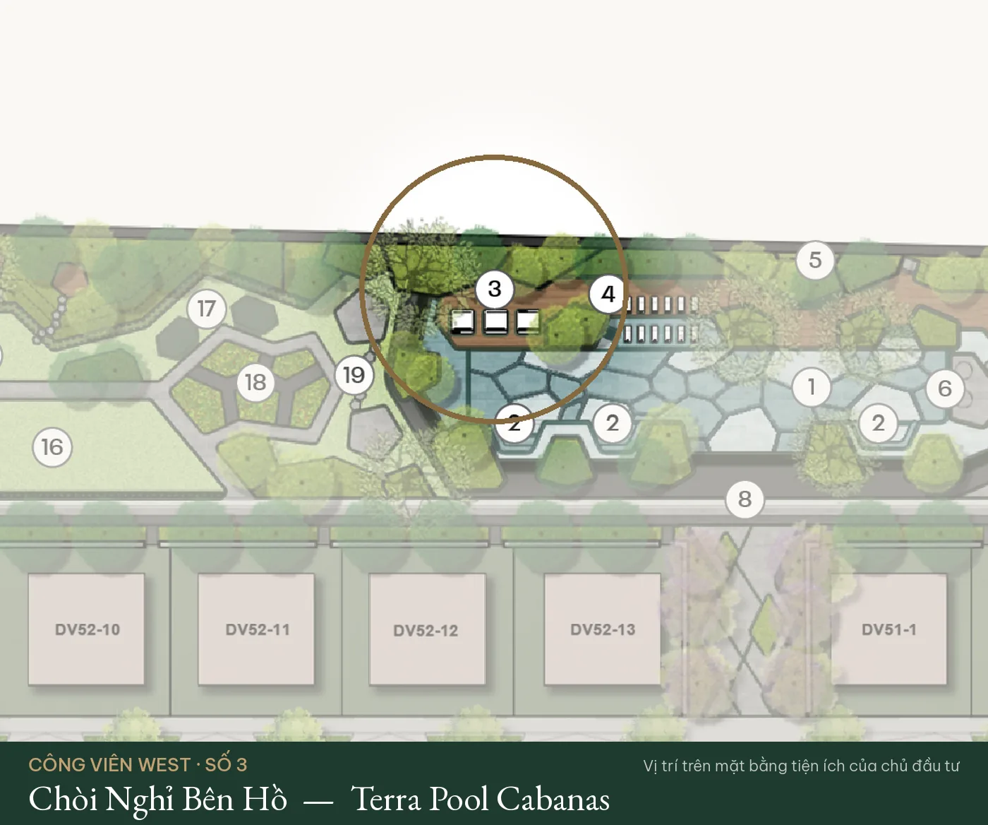 Vị trí số 3 – Chòi Nghỉ Bên Hồ (Terra Pool Cabanas) trên mặt bằng tiện ích Công Viên West – The Fullton Regal