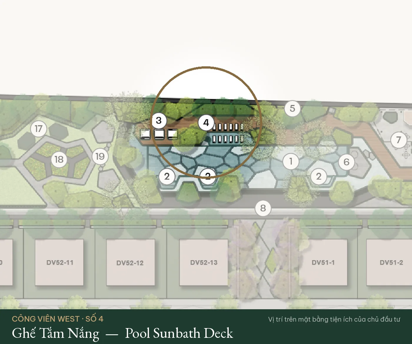Vị trí số 4 – Ghế Tắm Nắng (Pool Sunbath Deck) trên mặt bằng tiện ích Công Viên West – The Fullton Regal
