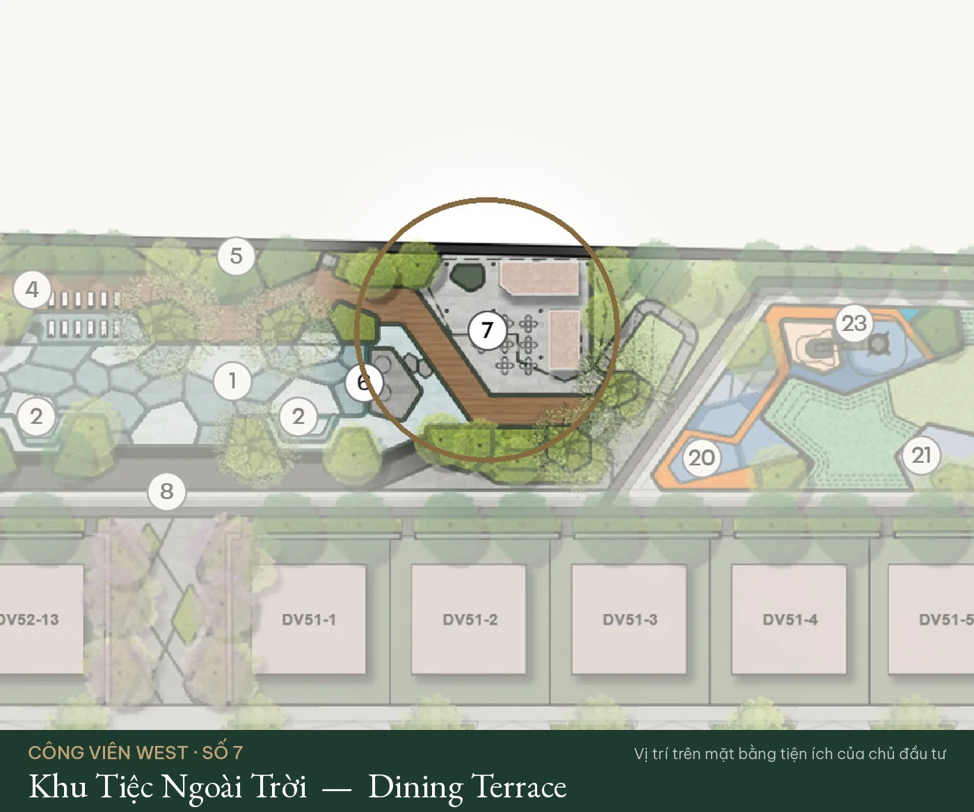 Vị trí số 7 – Khu Tiệc Ngoài Trời (Dining Terrace) trên mặt bằng tiện ích Công Viên West – The Fullton Regal