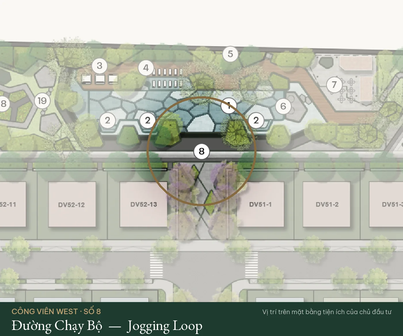 Vị trí số 8 – Đường Chạy Bộ (Jogging Loop) trên mặt bằng tiện ích Công Viên West – The Fullton Regal
