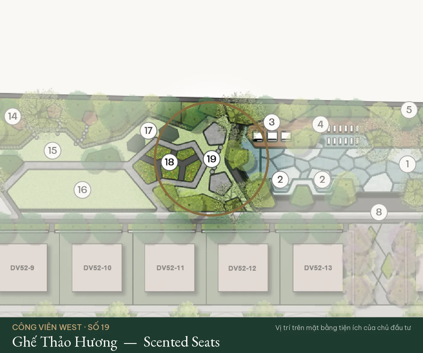 Vị trí số 19 – Ghế Thảo Hương (Scented Seats) trên mặt bằng tiện ích Công Viên West – The Fullton Regal