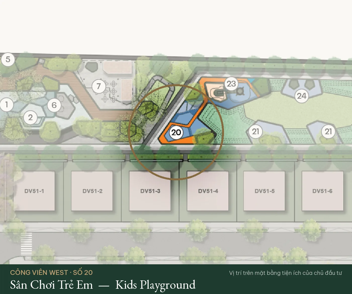 Vị trí số 20 – Sân Chơi Trẻ Em (Kids Playground) trên mặt bằng tiện ích Công Viên West – The Fullton Regal