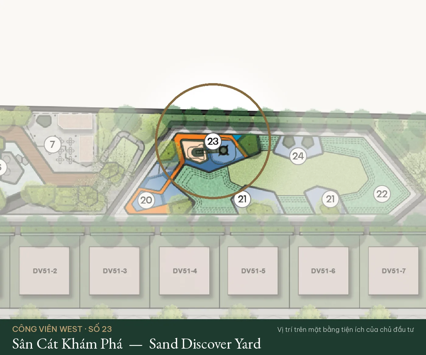 Vị trí số 23 – Sân Cát Khám Phá (Sand Discover Yard) trên mặt bằng tiện ích Công Viên West – The Fullton Regal
