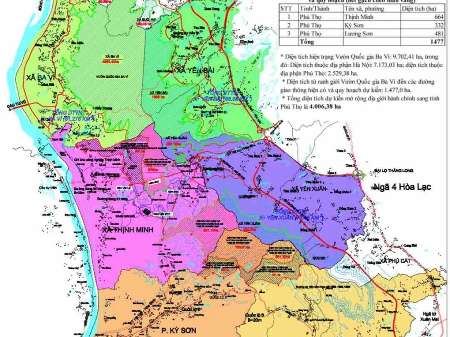 Một phần diện tích các xã Thịnh Minh (hồng), Yên Xuân (tím) và phường Kỳ Sơn (nâu) của Phú Thọ dự kiến sẽ chuyển về Hà Nội. Nguồn: UBND TP Hà Nội